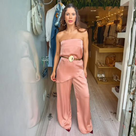 Conj Blusa/Calça Cetim Pantalona