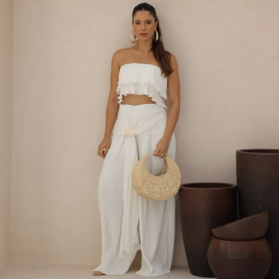 Conj Cropped Babados/Calça Plissada