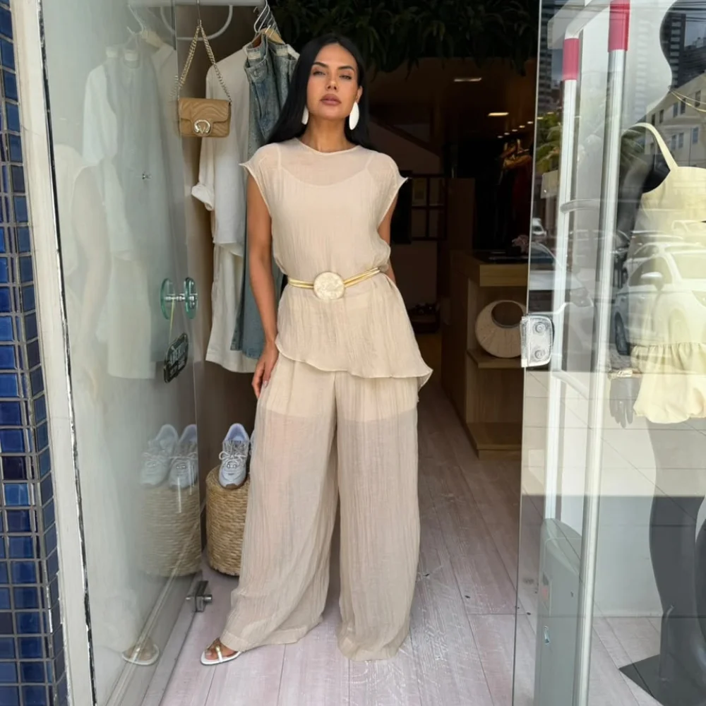 Conj Blusa Linen/Calça Pantalona
