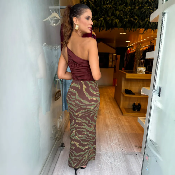 Saia Longa Estampada Franzida