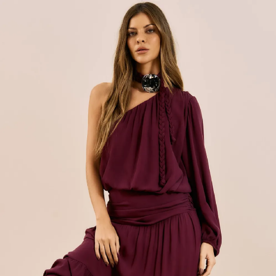 Vestido Um Ombro Só Drap C/Broche