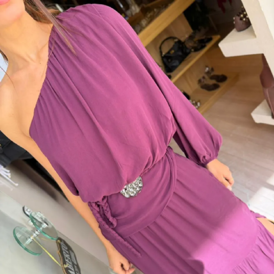 Vestido Um Ombro Só Drap C/Broche