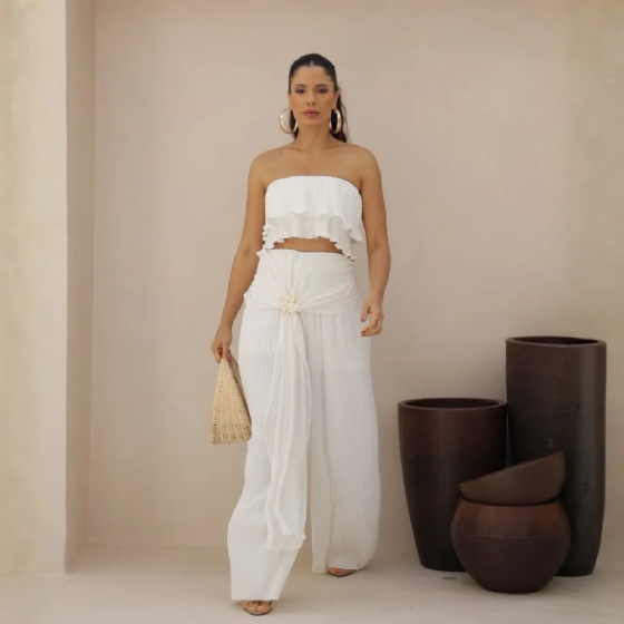 Conj Cropped Babados/Calça Plissada