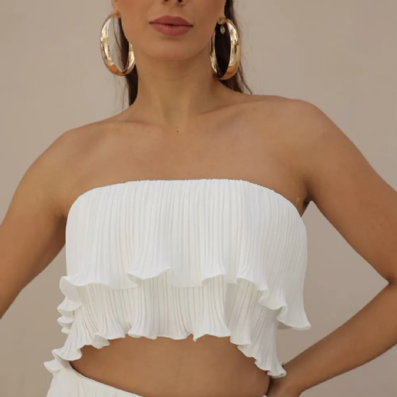 Conj Cropped Babados/Calça Plissada
