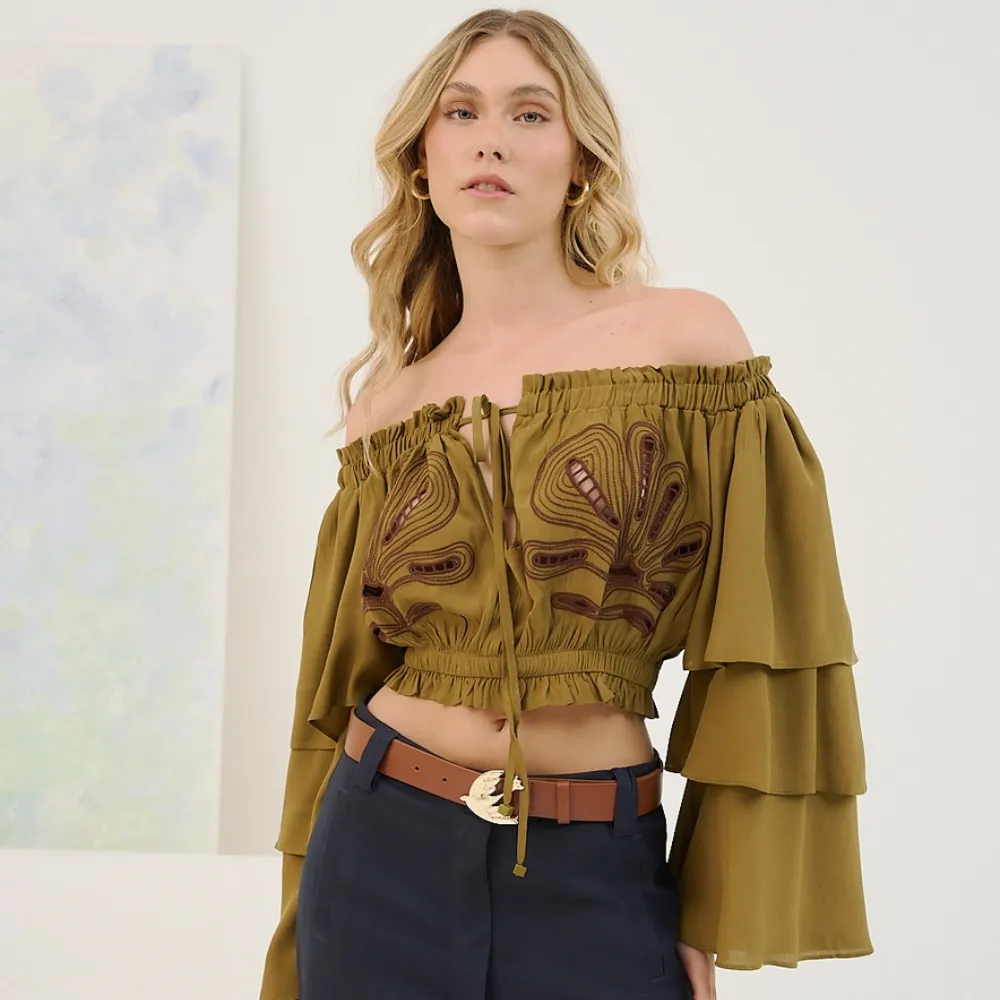 Blusa Ombro A Ombro C/Bordado