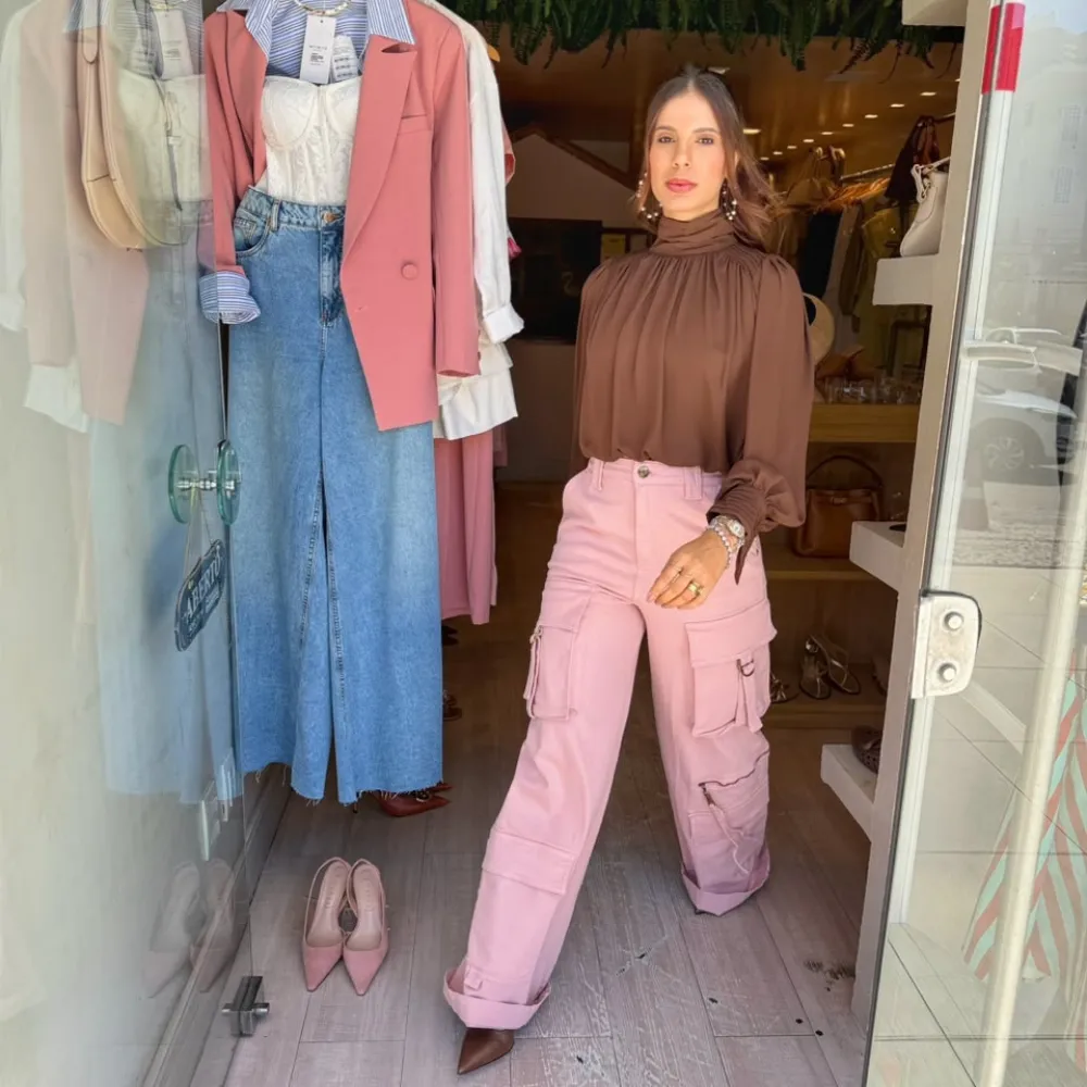 Blusa Balonê Gola Alta C/Nervuras