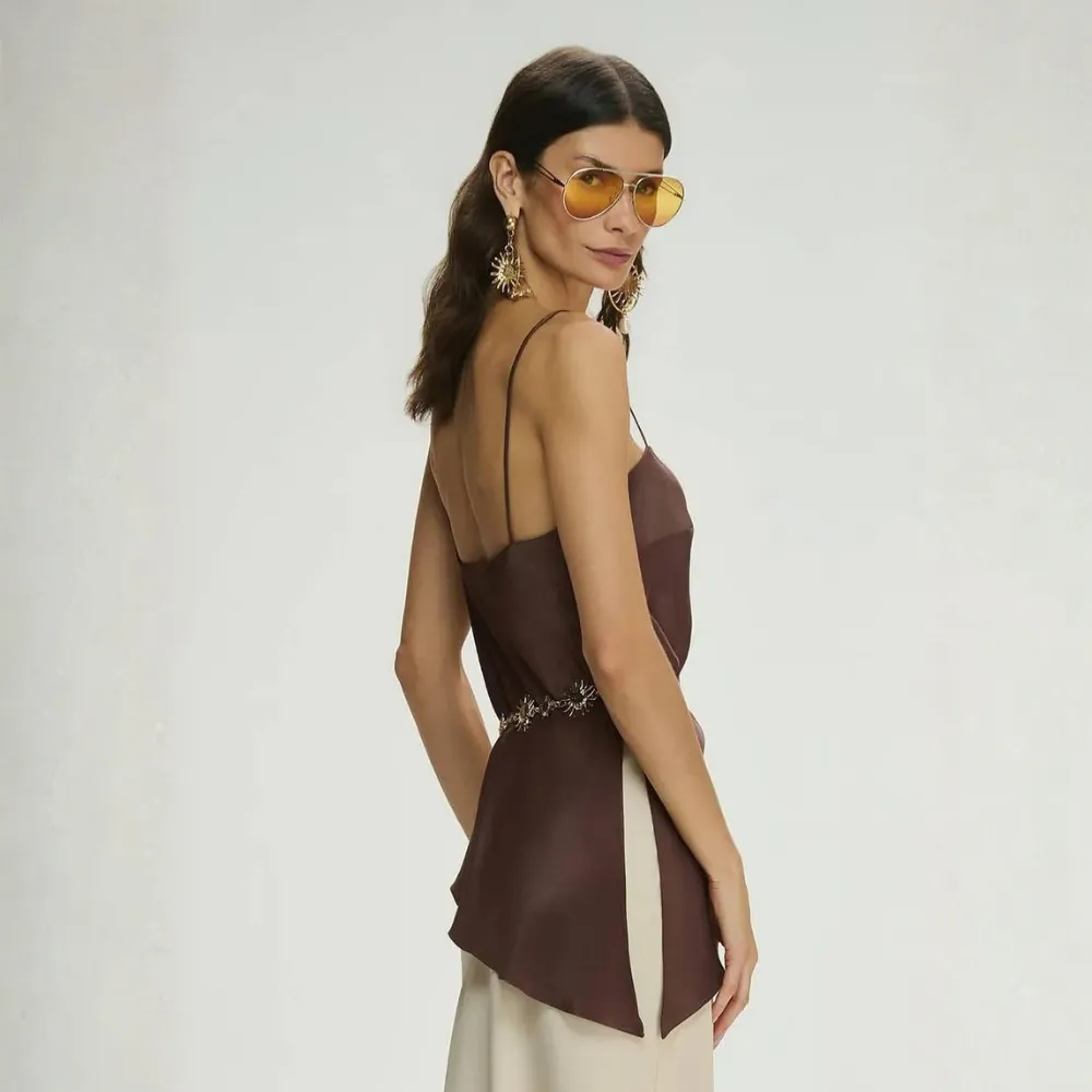 Blusa Acetinada Alças Finas C/Fenda