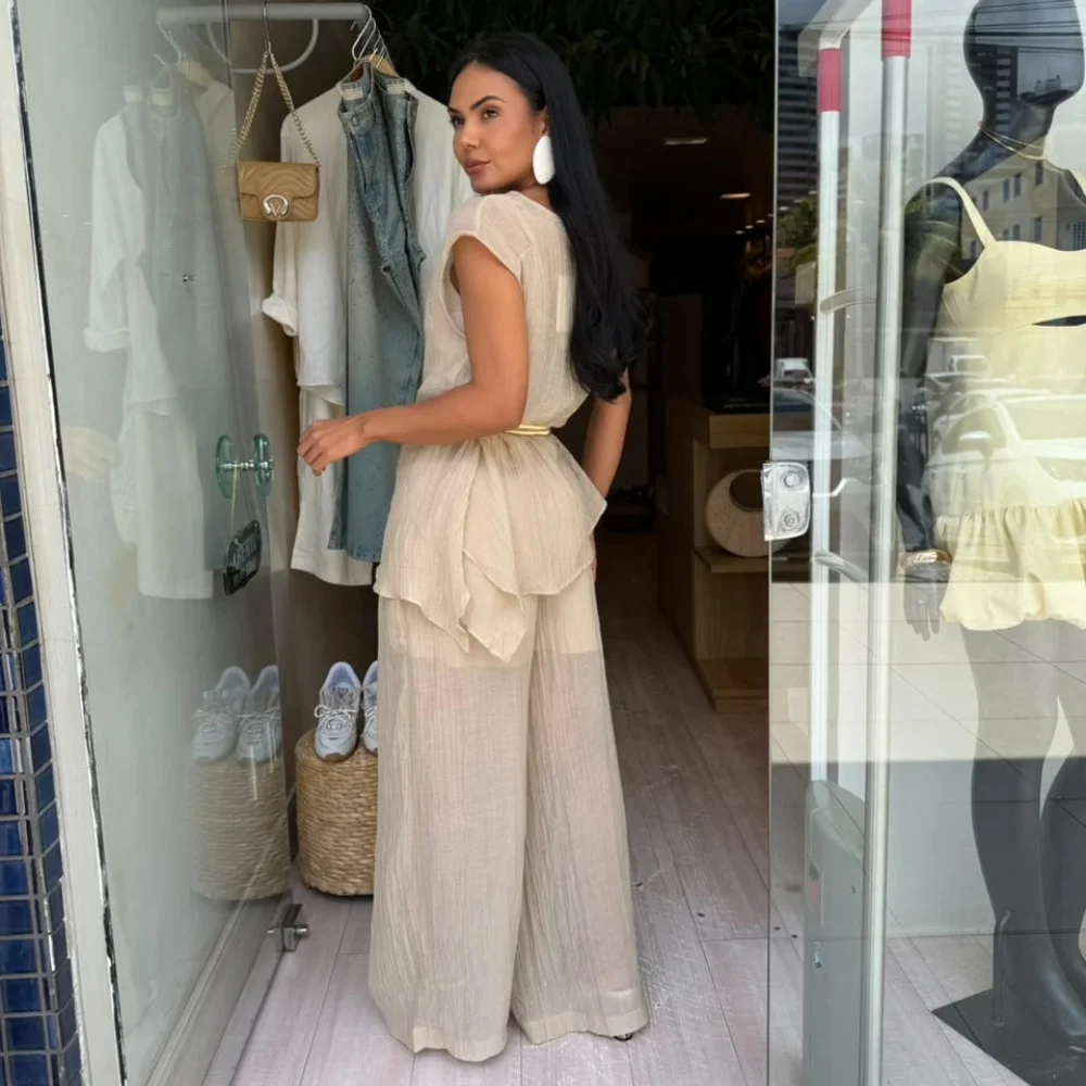 Conj Blusa Linen/Calça Pantalona