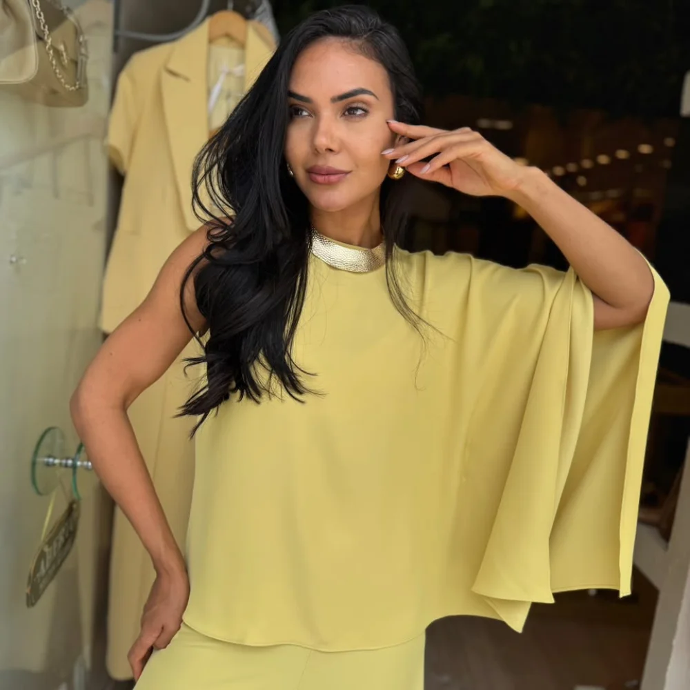 Conj Blusa Assi/Calça Pantalona Crepe