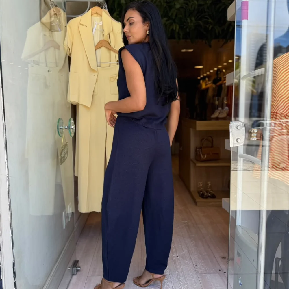 Conj Tricô Blusa/Calça Balloon