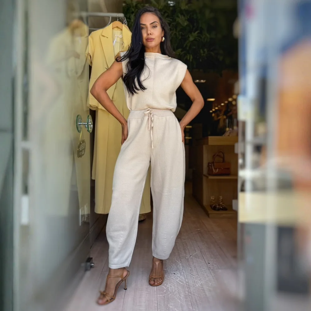 Conj Tricô Blusa/Calça Balloon