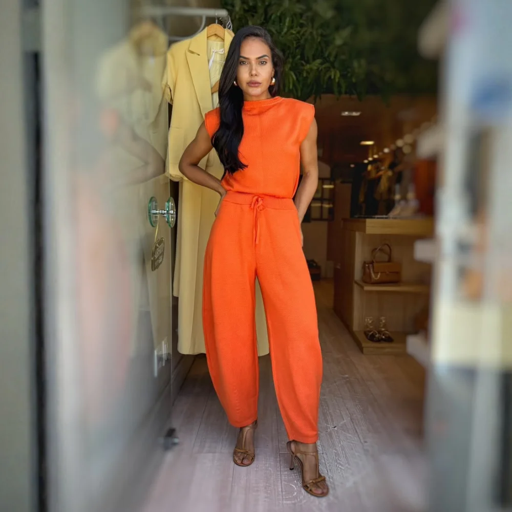 Conj Tricô Blusa/Calça Balloon