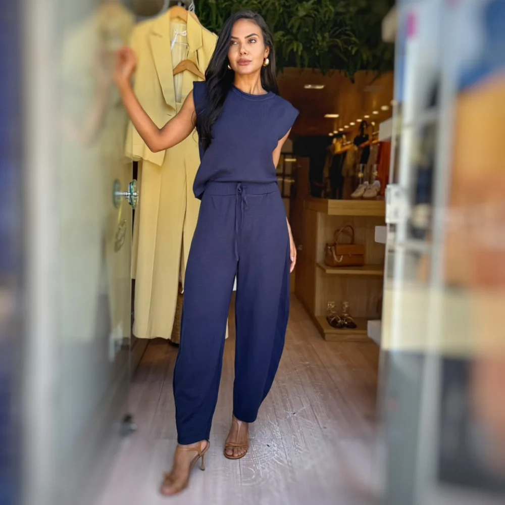 Conj Tricô Blusa/Calça Balloon
